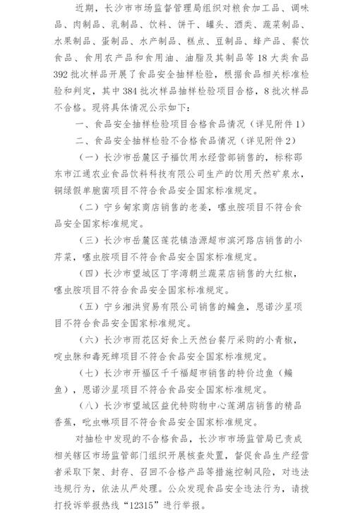 中国质量新闻网讯 10月26日,长沙市市场监督管理局网站公示392批次